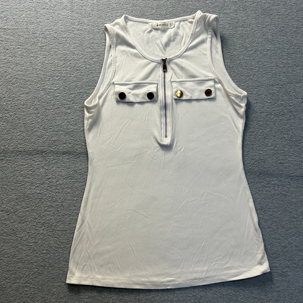Oufeiya Ribbed Zip Front Tank Top Womens Small White Sleeveless Fitted Y2K Style